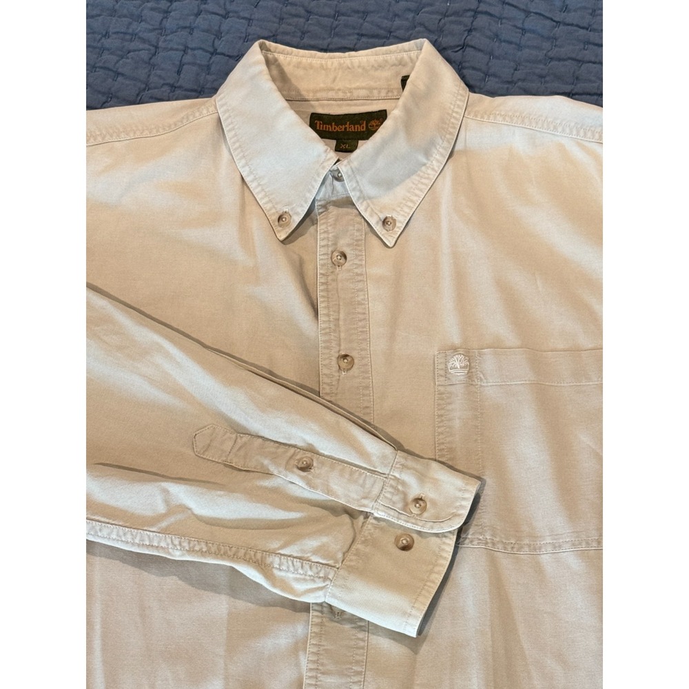 Timberland Men's XL 100% Cotton Twill Button Down Shirt Stone Workwear Outdoor